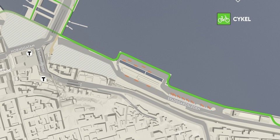 Karta över cykeltrafikens omläggning ut på ponton vid Stadsgårdsleden. Grön linje markerar cykelbana.
